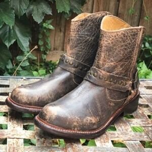 Bed Stu Exeter Women’s Rare Brown Leather Harness Studded Pull On Moto Booties